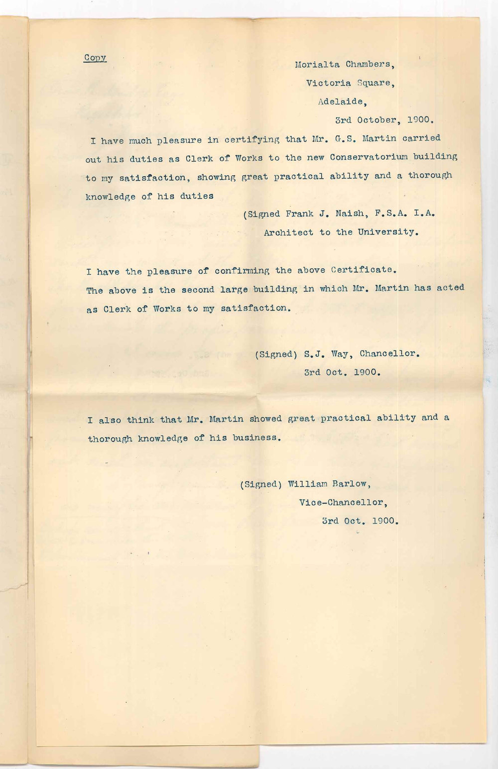 G S Martin - Perth - Requesting testimonial as to work done while acting as Clerk of Works at the Conservatorium