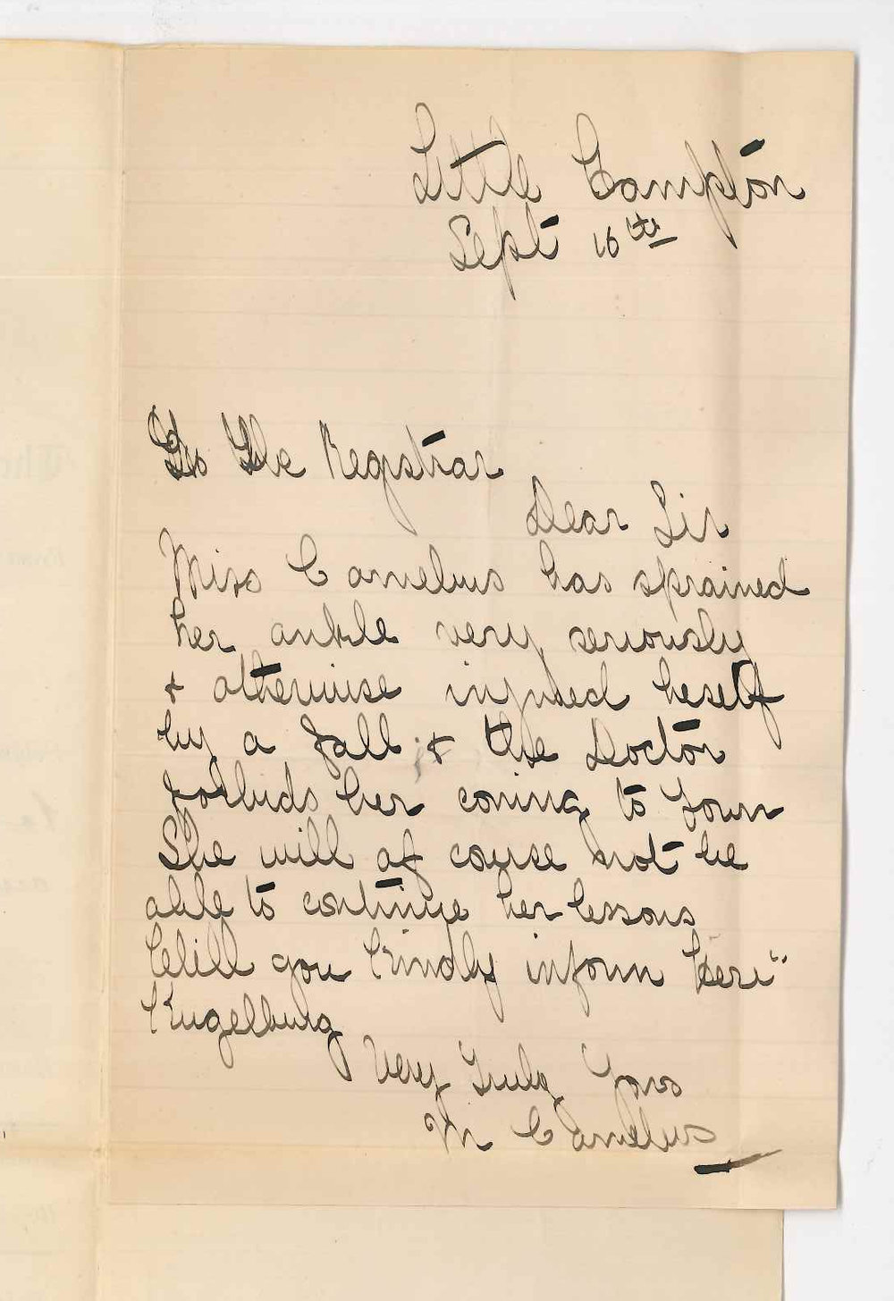 Mrs M Cornelius - Little Hampton - Miss Cornelius unable to attend Conservatorium owing to illness