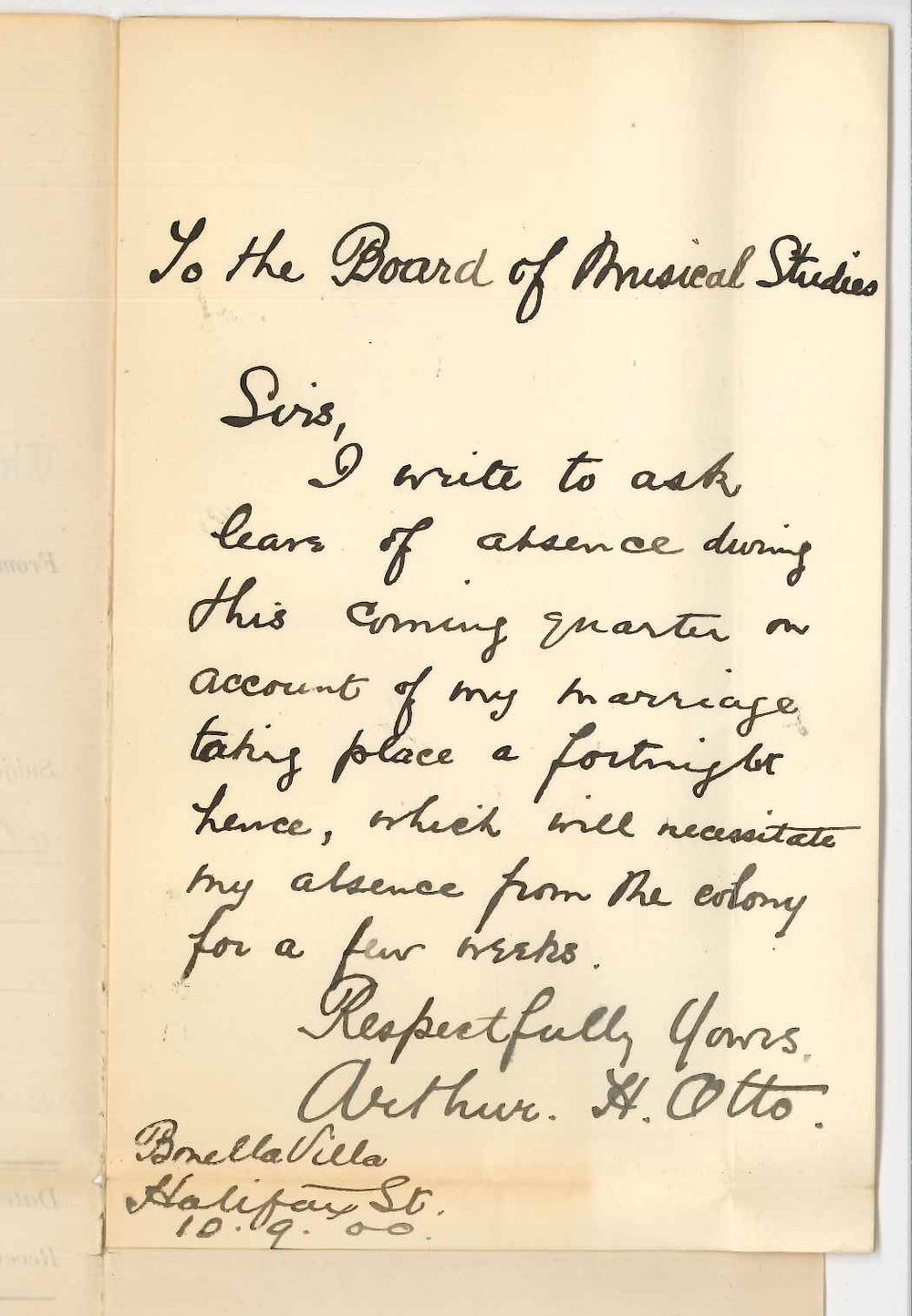 Arthur H Otto - Adelaide - Exemption from attendance at lectures Music Bachelor Course