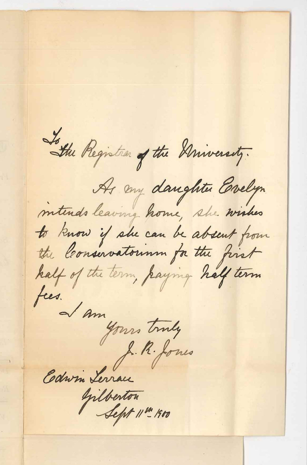 Mrs J R Jones - Gilberton - Daughters lessons at the Conservatorium