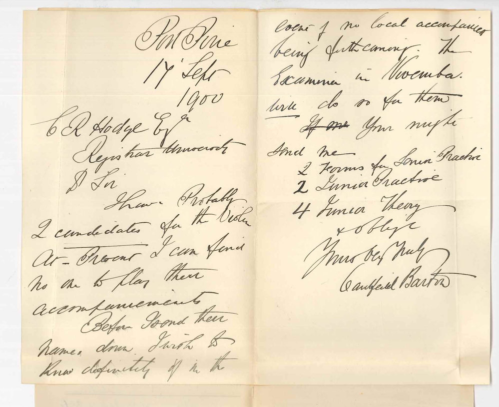 Caulfield Barton - Port Pirie - Asking if Examiner will act as accompanist for candidate Violin in Music Examination