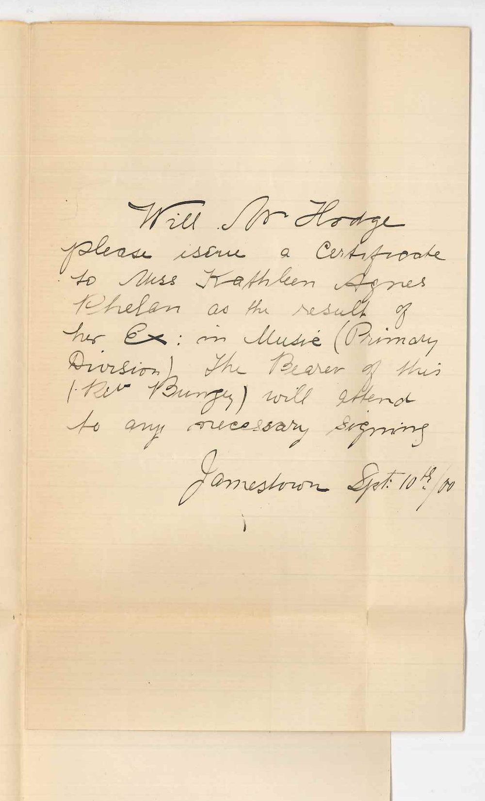 Miss K A Phelan - Jamestown - Requesting Music Certificate