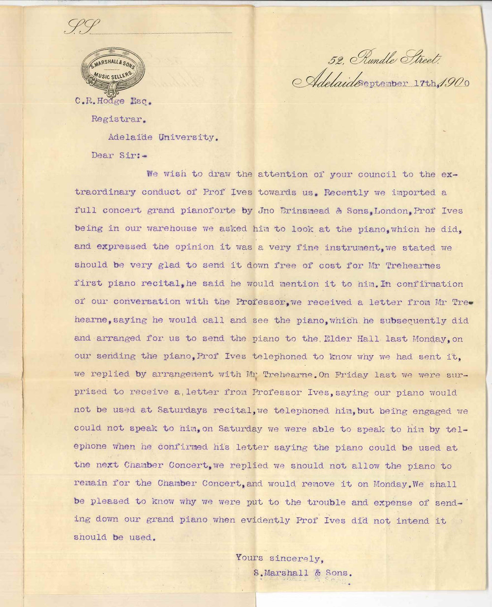 S Marshall and Sons - Adelaide - Complaint concerning loan of piano to Conservatorium