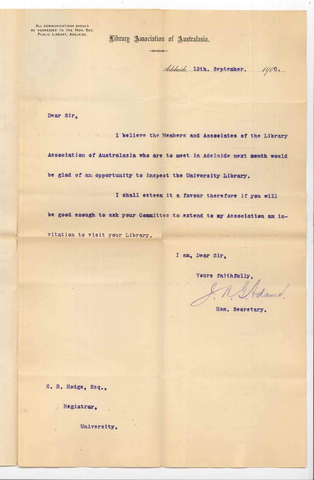Joseph Robert George Adams - Honorary Secretary Library Association of Australasia - Permission to visit University Library
