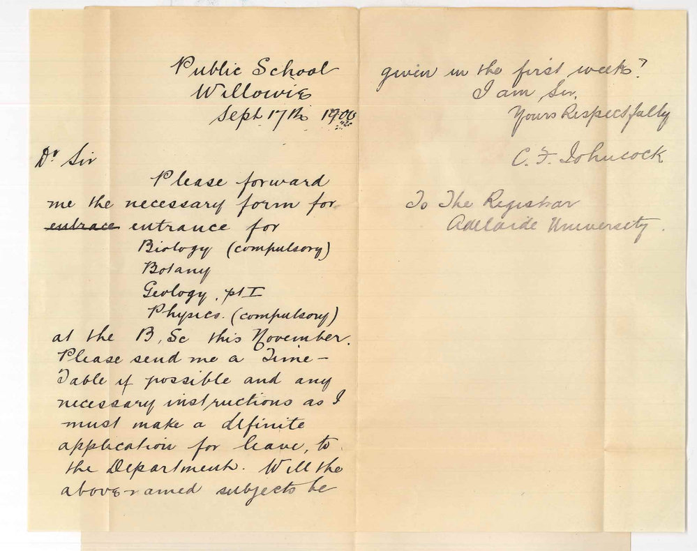 C F Johncock - Public School Willowie - Concerning BSc Examinations