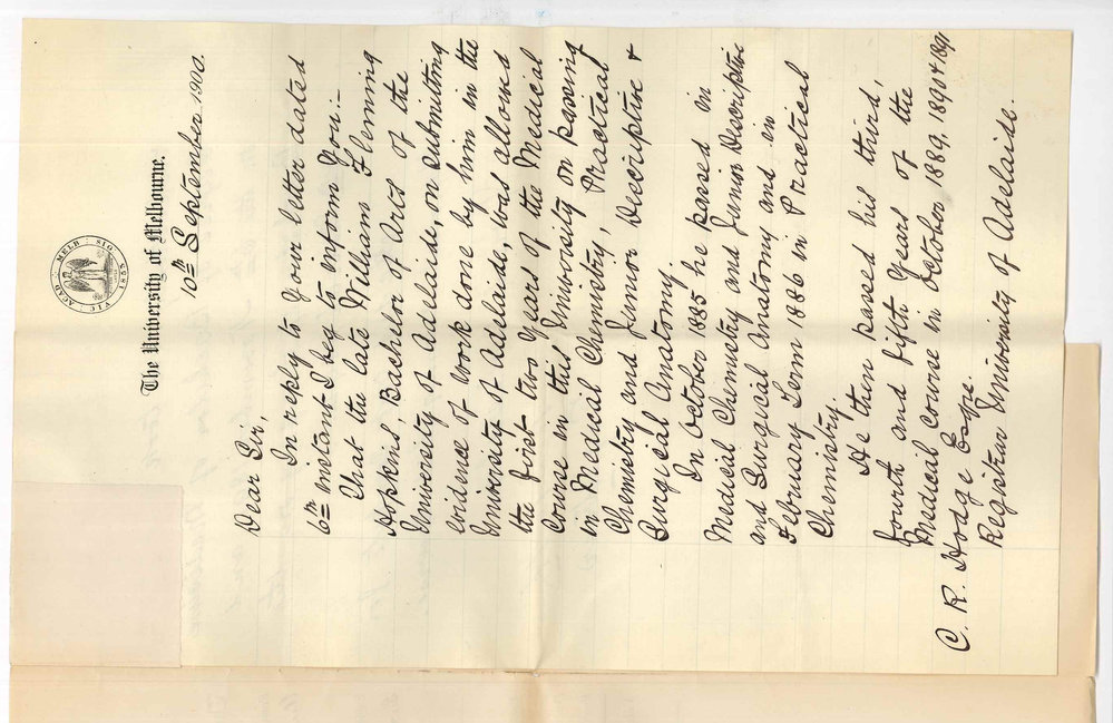 Edward Fitzhaley a Beckett - Registrar - University of Melbourne - Concerning career of late Surgeon Captain W F Hopkins