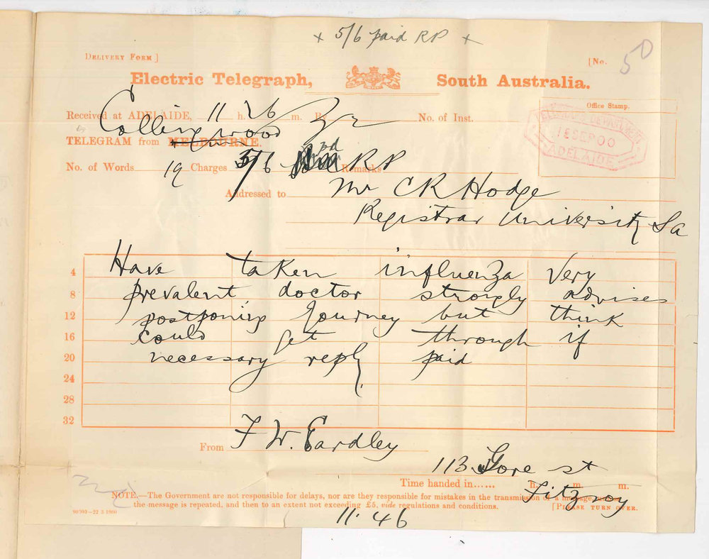 F W Eardley - Fitzroy Victoria - Unable to return to Adelaide owing to illness
