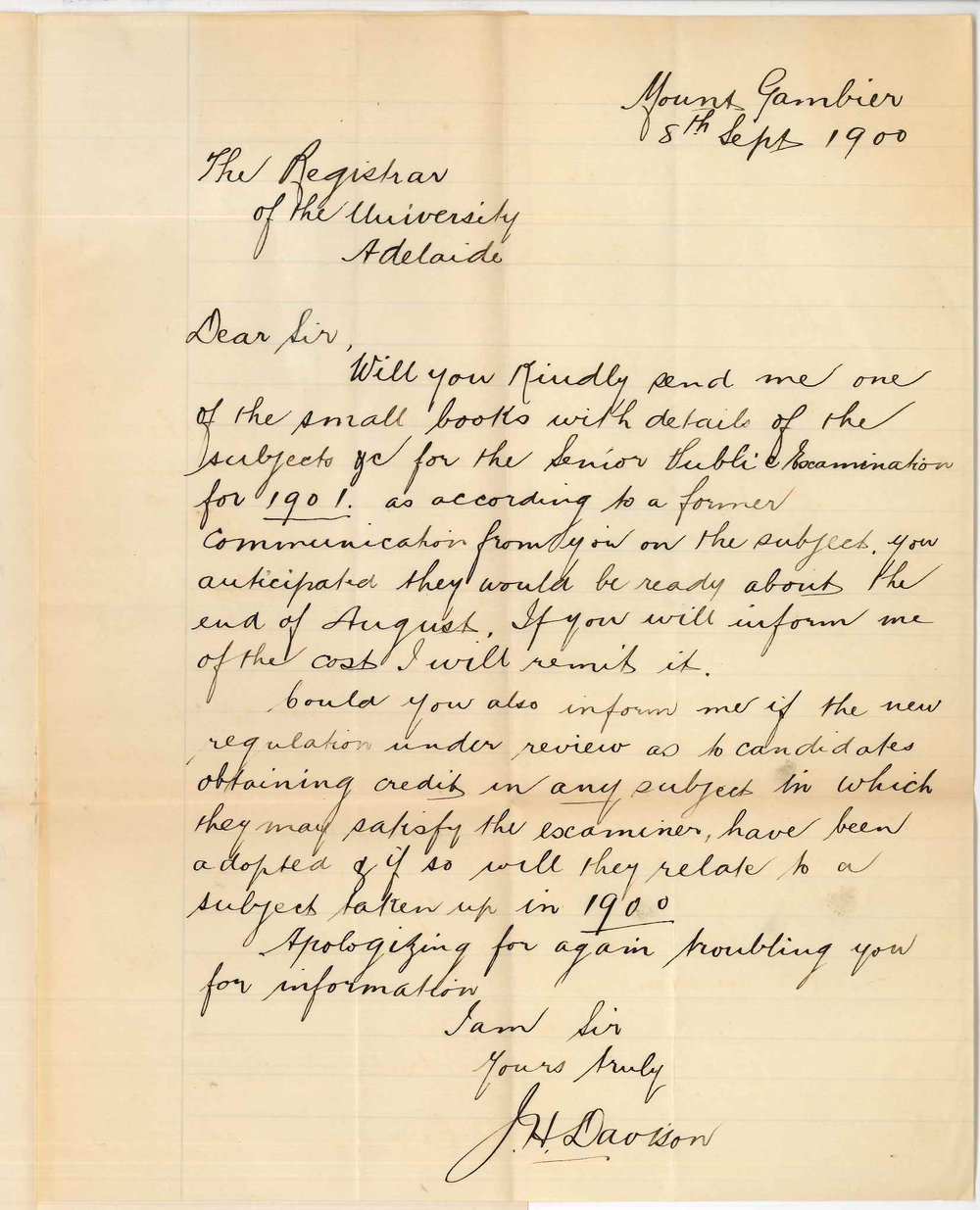 J H Davison - Mount Gambier - Concerning Senior Public Examination