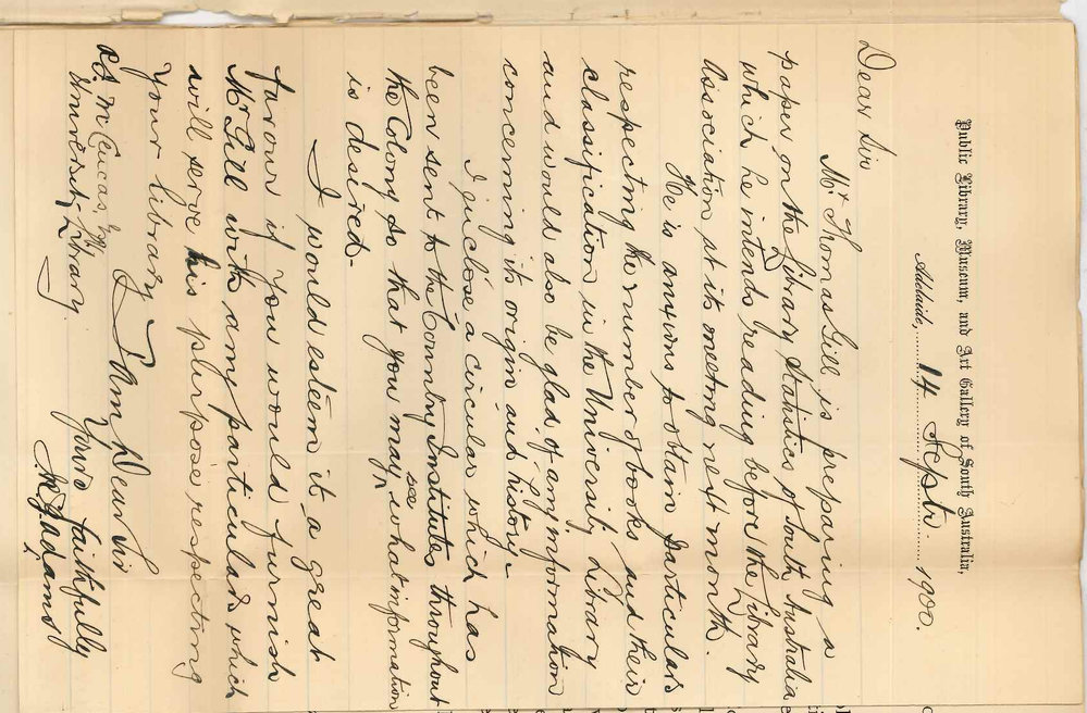 J R G Adams - Honorary Secretary - Library Association of Australasia - Information concerning number of books and their classification in the University Library