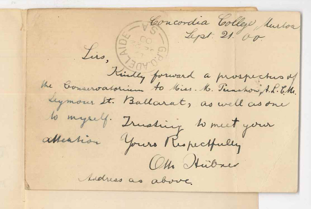 Otto Hubuer - Concordia College Victoria - Requesting particulars of the Conservatorium