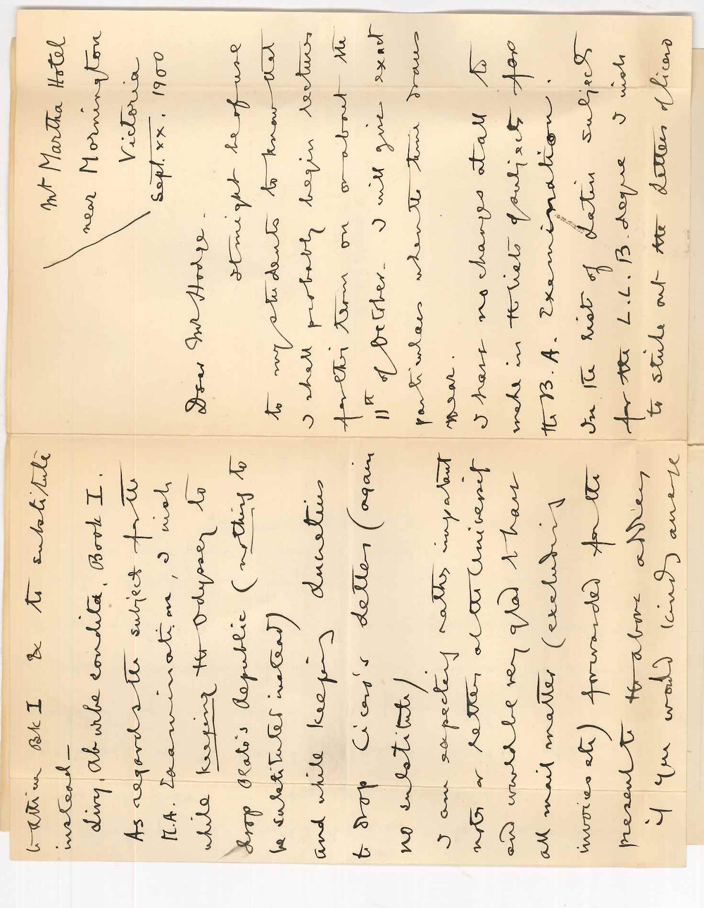 Edward von Blomberg Bensley - Victoria - Concerning date of return to Adelaide and Text Books for Examinations