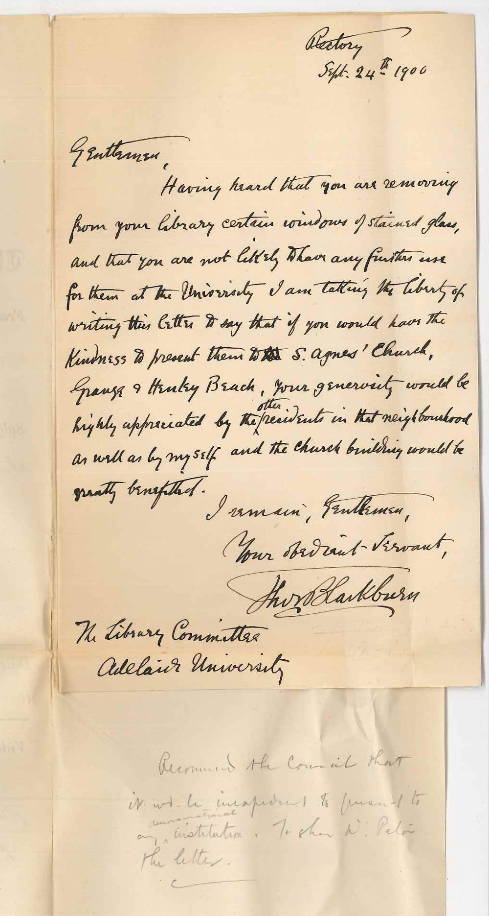 Reverend Thomas Blackburn - Grange - request for presentation of stained glass windows