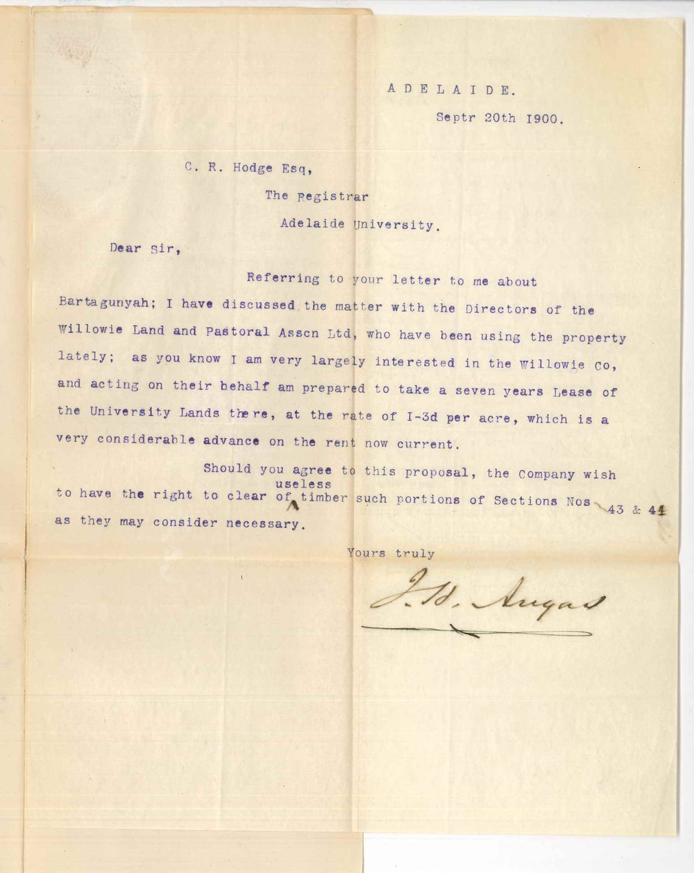 J H Angas - Adelaide - Offering to take seven years lease of land at Bartagunyah