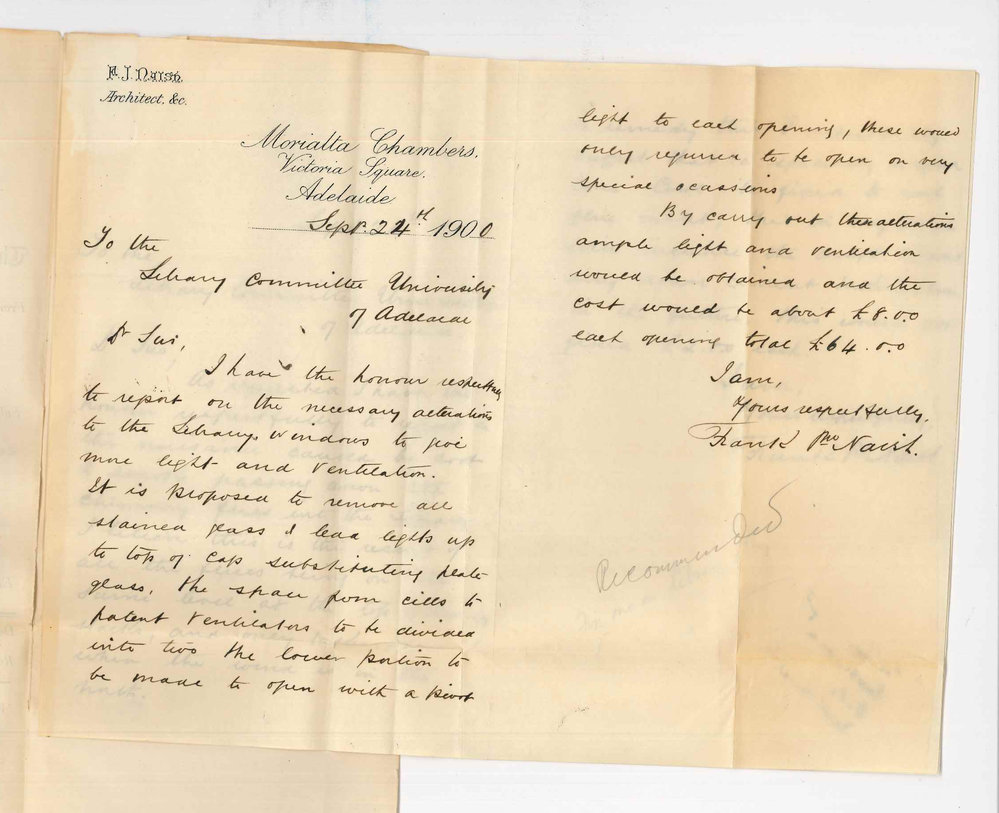 Frank John Naish - Adelaide - Reports on smoke and Windows in Library
