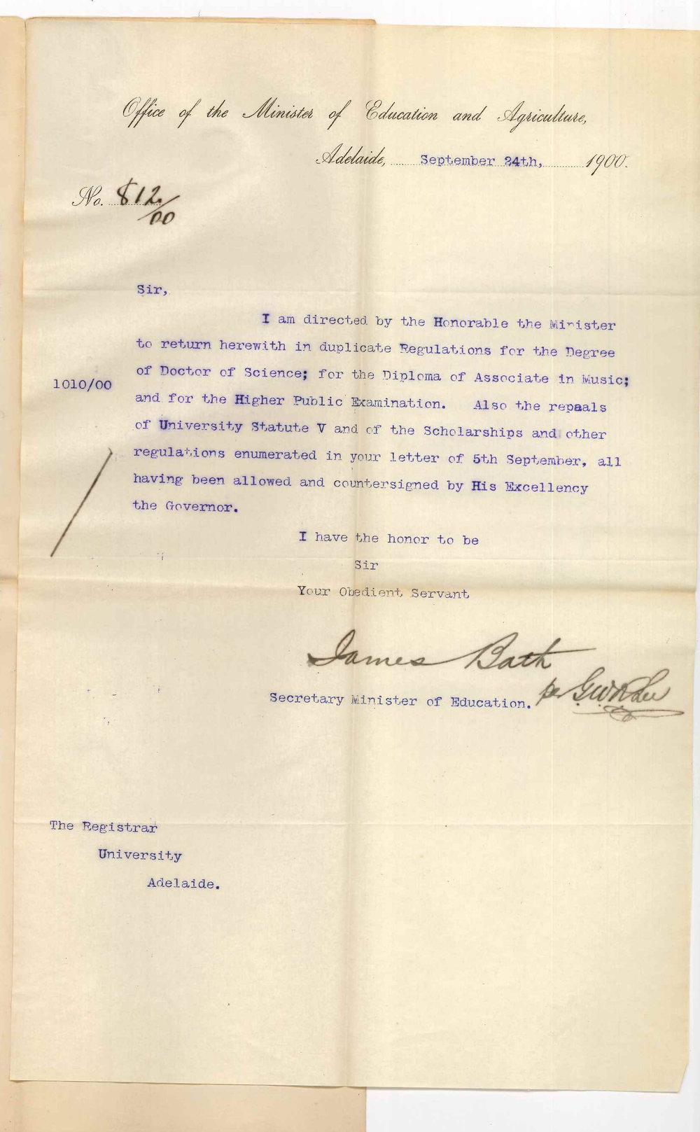 James Bath - Secretary - Minister of Education and Agriculture - Adelaide - Regulations have been approved by His Excellency the Governor