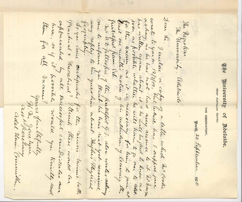 Henry Maurice Joscelyne - Perth - Concerning Mr A L Nairn Physical Geography in Junior Public Examination and Music Certificate
