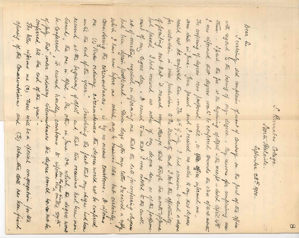 Reverend M L C Headlam - St Barnabas College - North Adelaide - Complaint concerning arrangements for Congregation