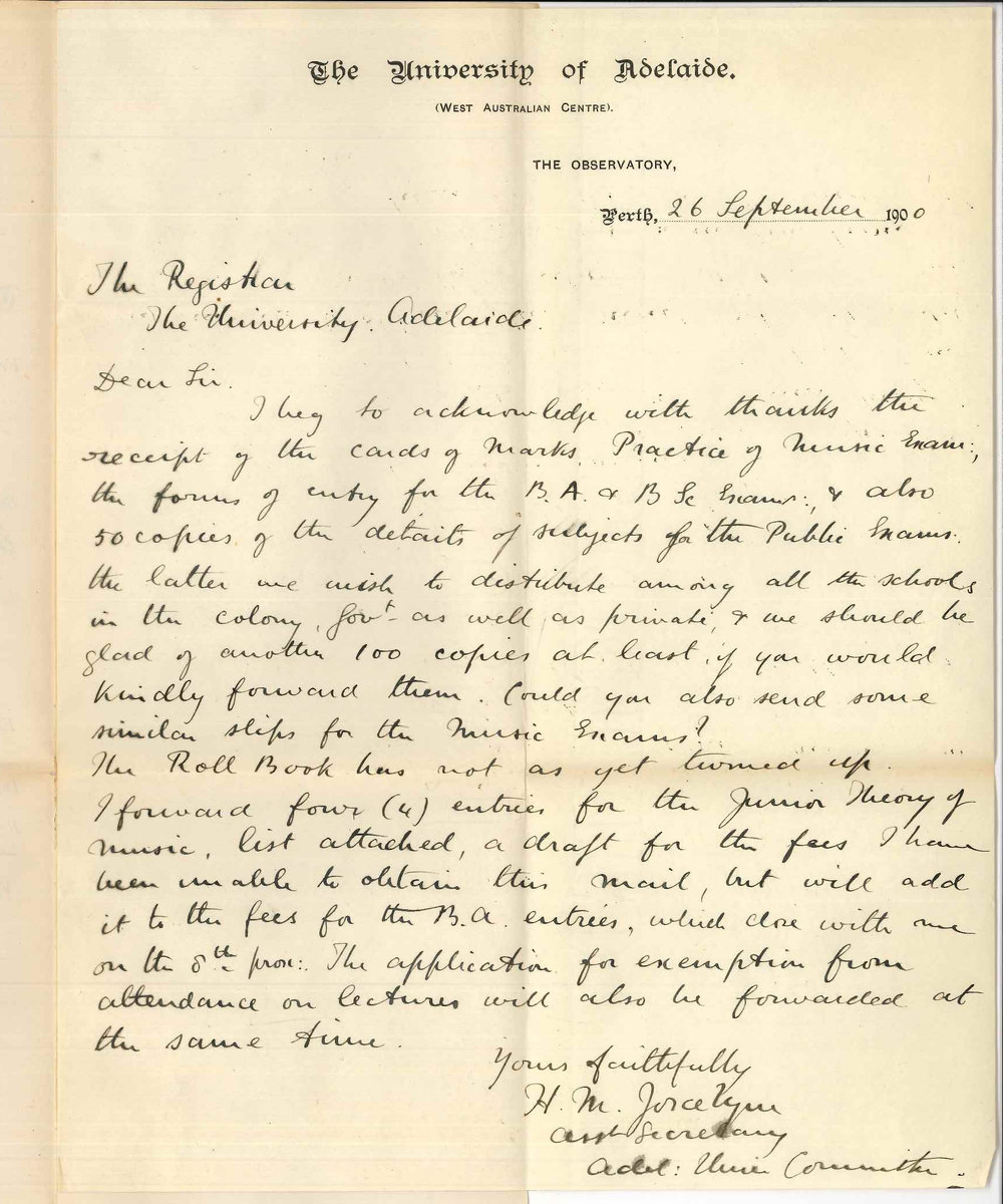 Henry Maurice Joscelyne - Perth - Forwarding entries Music Examinations - Draft to follow etc