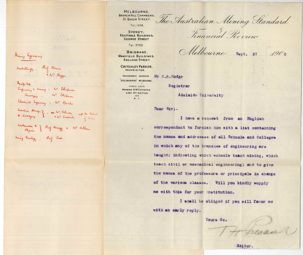 T H Prichard - Editor - Australian Mining Standard and Financial Review Melbourne - Concerning School of Engineering