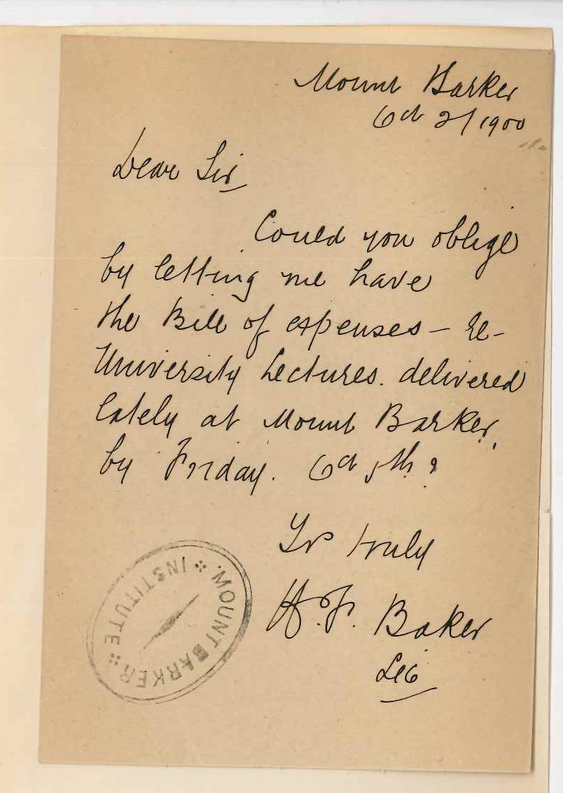 H F Baker - Institute Mount Barker - Requesting bill of expenses in connection with Extension Lectures at Mount Barker