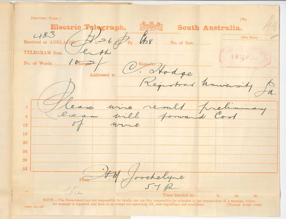 Henry Maurice Joscelyne - Perth - Asking that results of Preliminary Examination may be wired to Perth