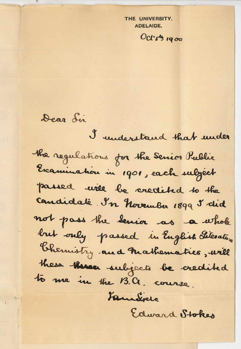 Edward Stokes - The University - Credit for subjects passed in Senior Public Examination in November 1899