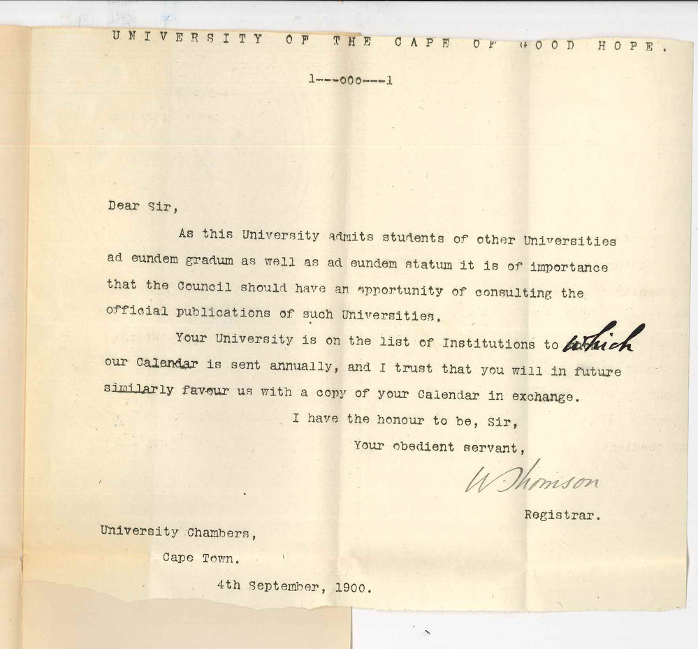 W Thomson - Registrar - University of the Cape of Good Hope Cape Town - Requesting copy of Calendar
