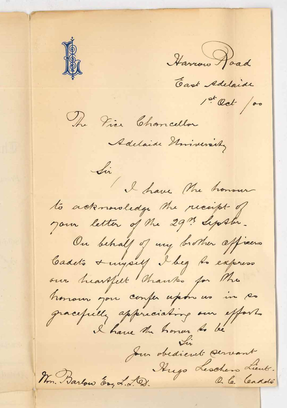 Lieutenant Hugo Leschen - East Adelaide - Acknowledging letter of thanks