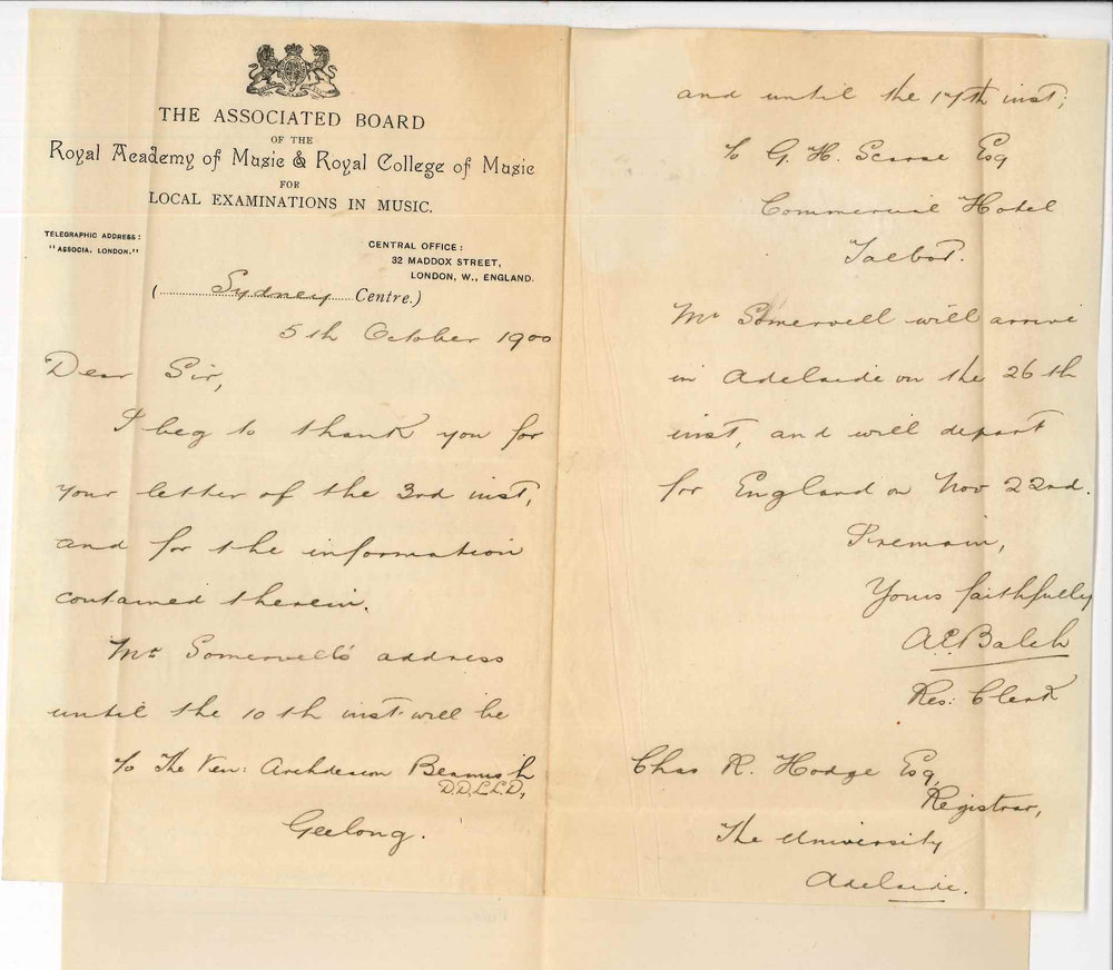 A E Balch - Resident Clerk - Associated Board - Sydney - Examinations in Practice of Music in Adelaide