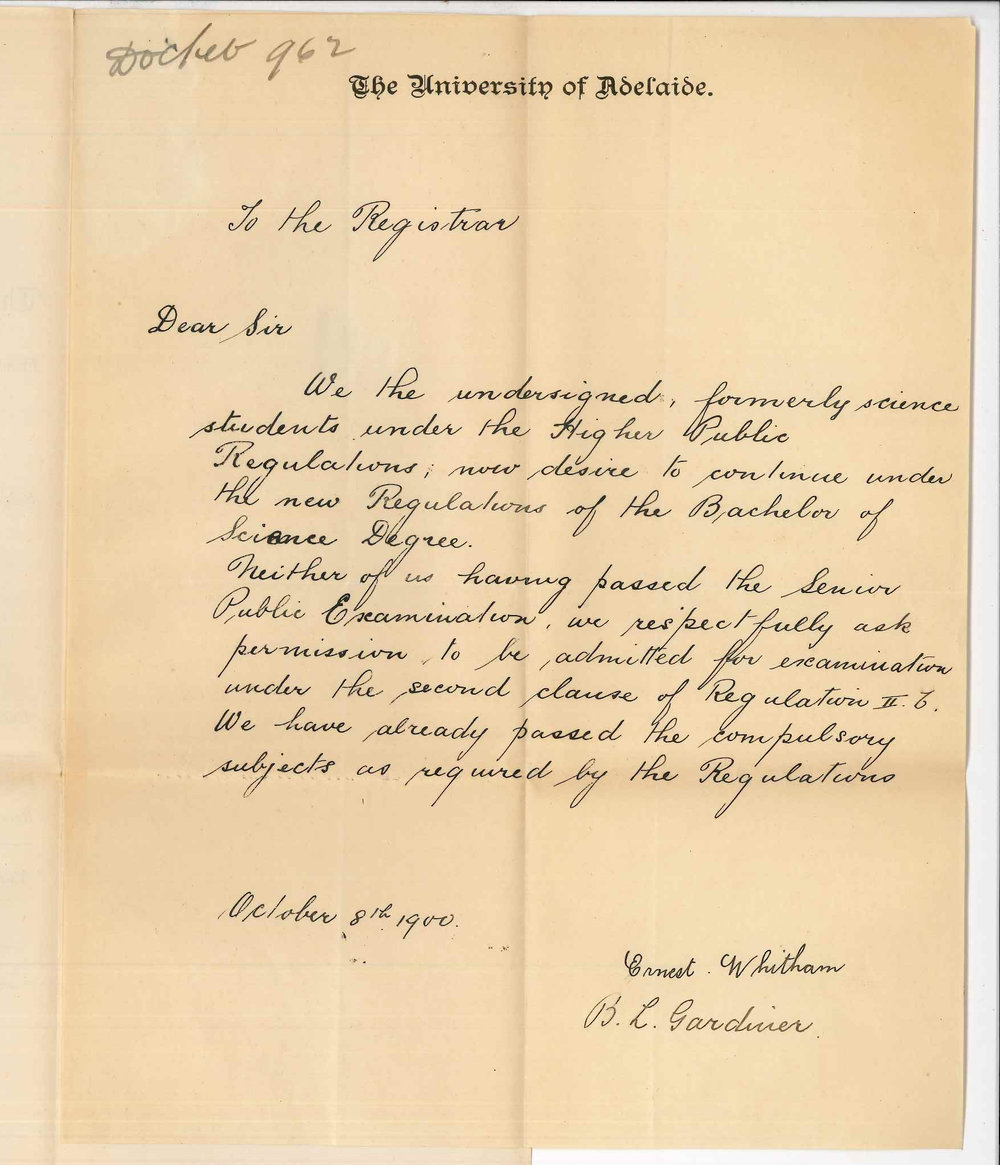 Ernest Whitham and Beauchamp Lennox Gardiner - Admission to BSc Course