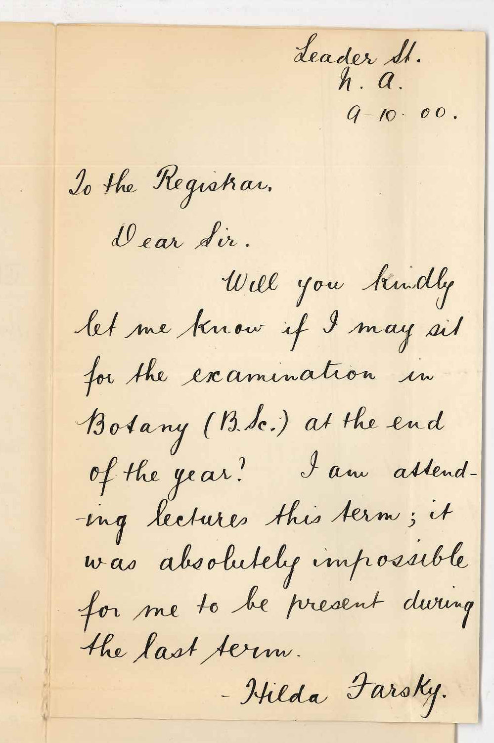 Miss Hilda Farsky - North Adelaide - Exemption from attendance of first term lectures