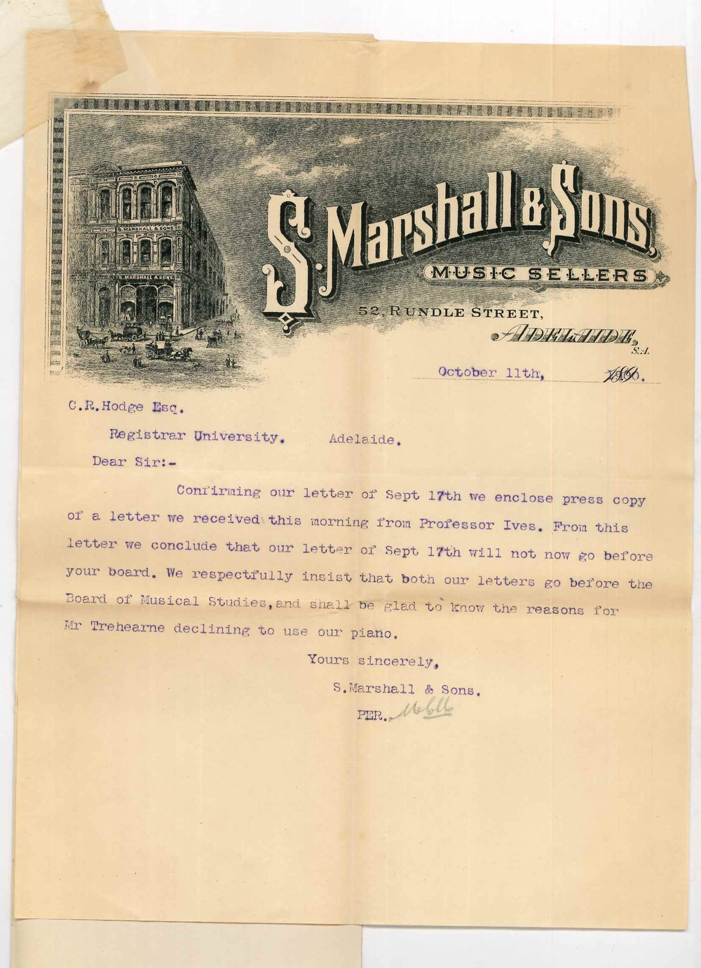 S Marshall and Sons - Adelaide - Complaint concerning piano lent Conservatorium