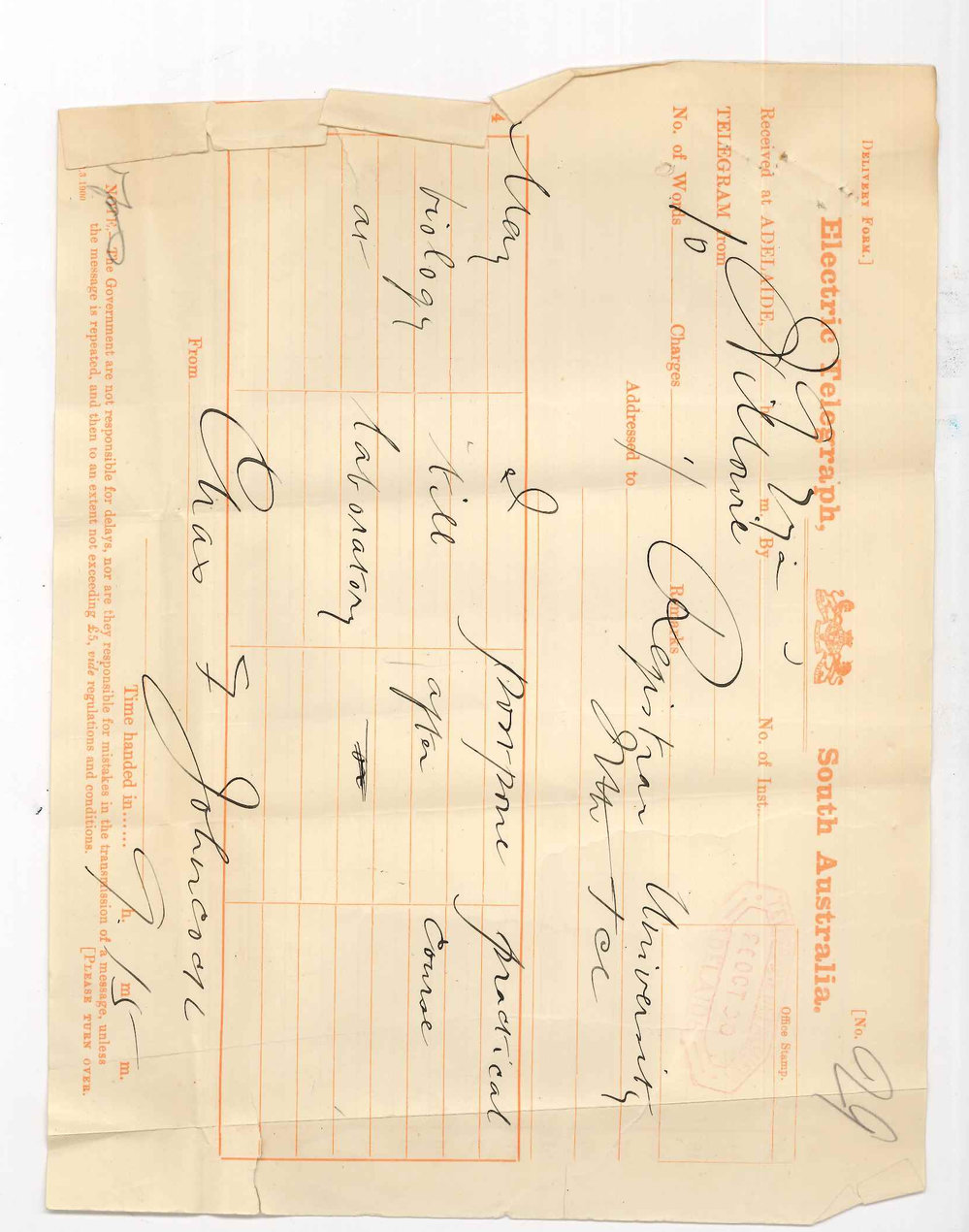 Charles F Johncock - Willowie - Exemption from attendance of lectures