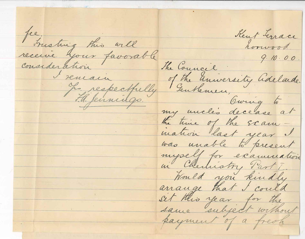F A Jennings - Norwood - Permission to sit for Examination in Chemistry I without payment of fee