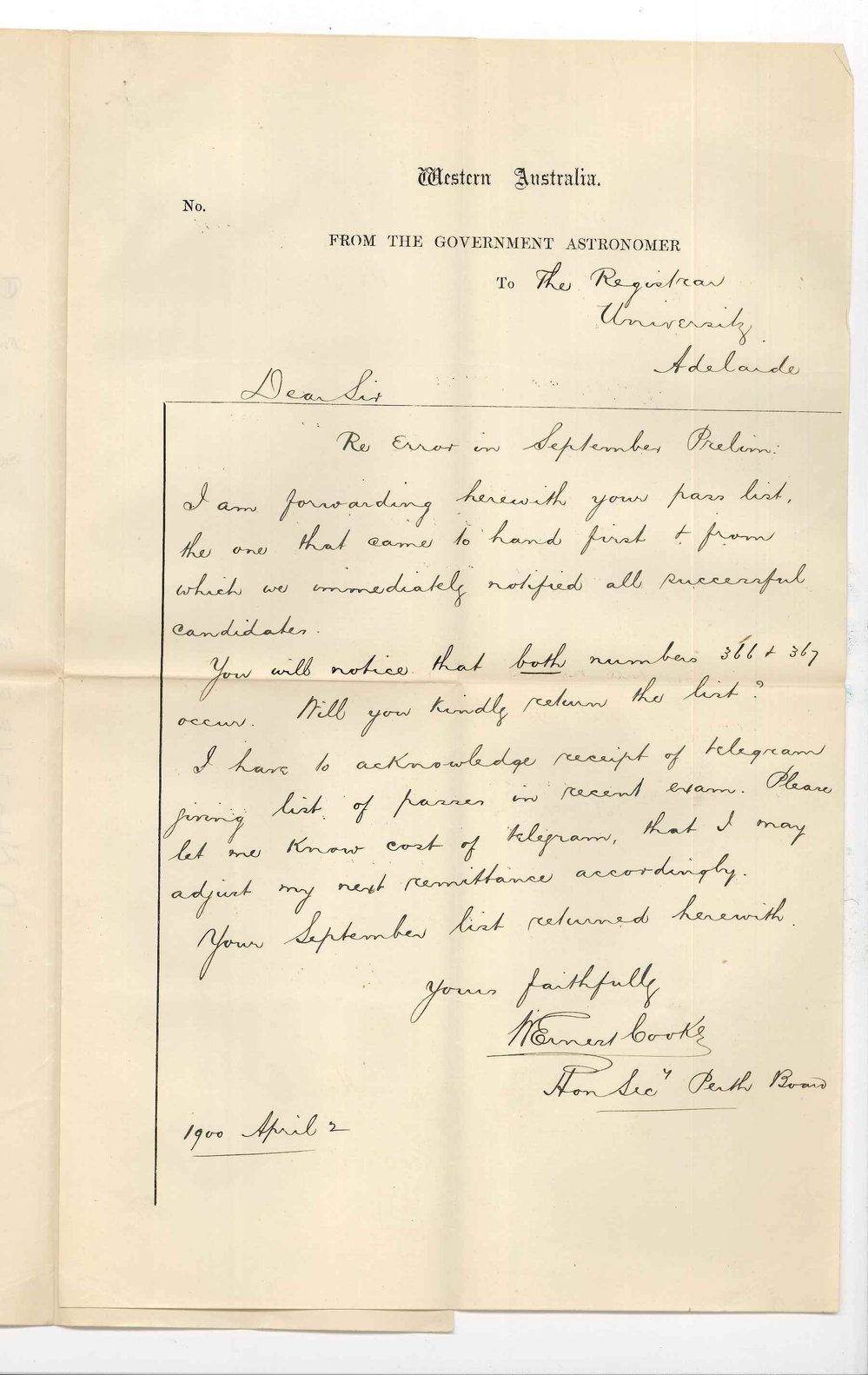 William Ernest Cooke - Perth - Government Astronomer - Error in September Preliminary Examination