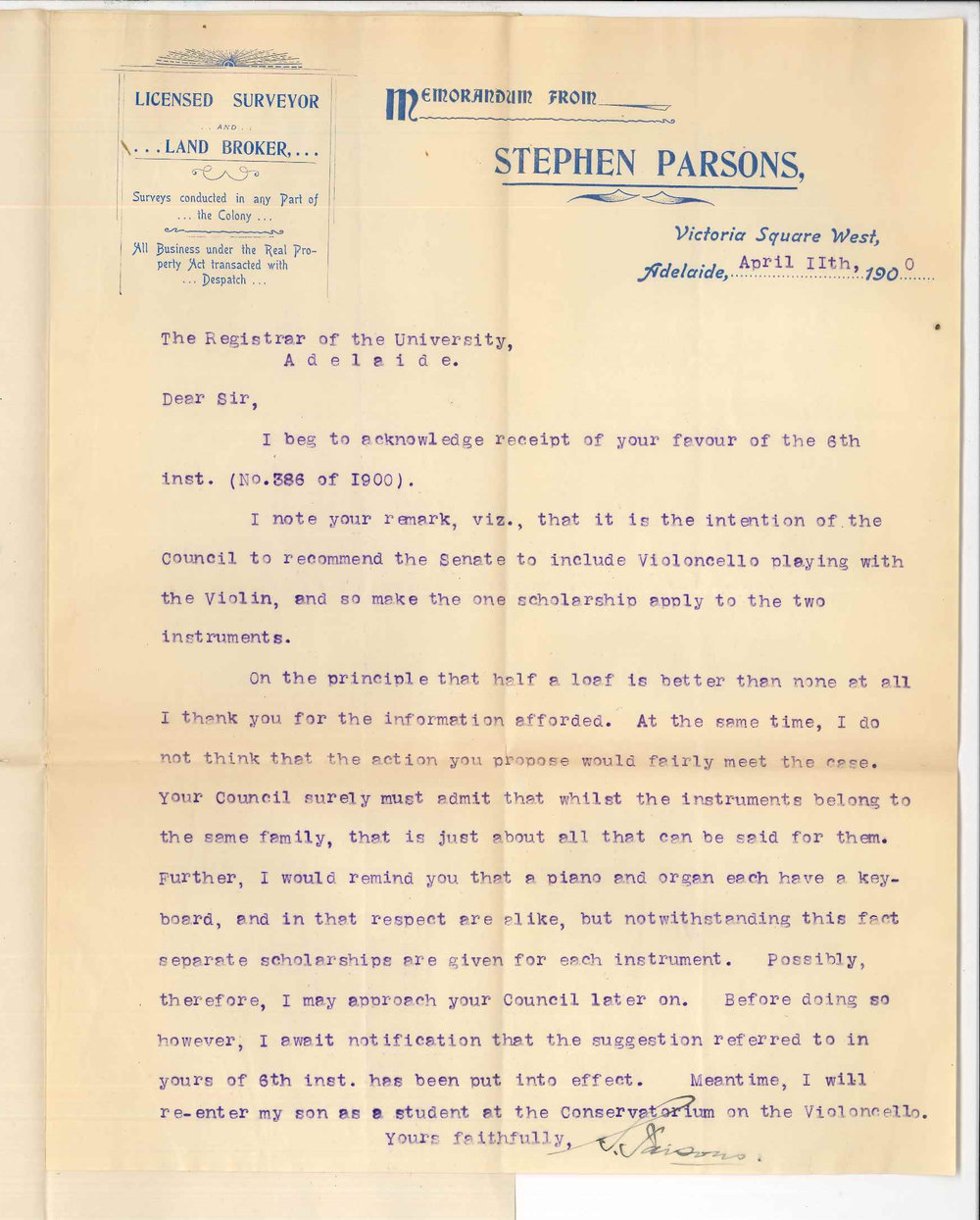 Stephen Parsons - Adelaide - Concerning his son's scholarship in Violoncello playing
