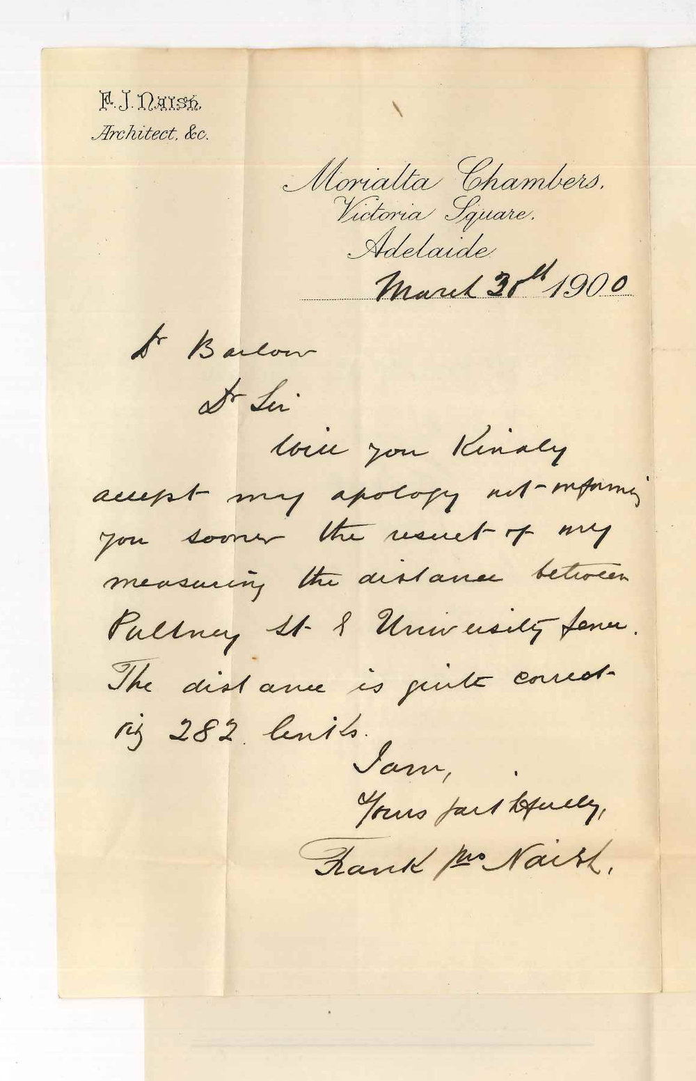 Frank John Naish - Architect - Adelaide - Measurement of land between Pulteney Street and University fence