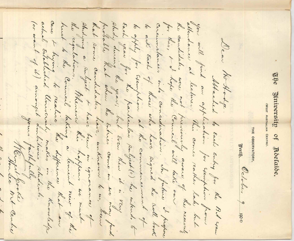 W Ernest Cooke MA - Perth - Concerning local centre at Kalgoorlie and applications for exemption from attendance of lectures