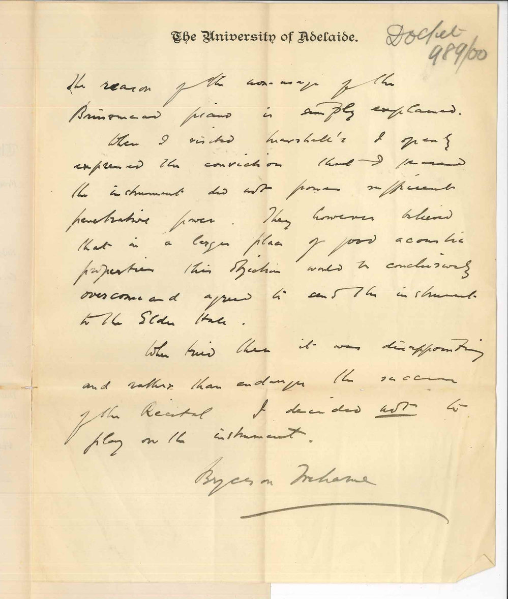 Bryceson Treharne - The University - Conservatorium - Marshall and Sons compliant concerning non usage of Piano