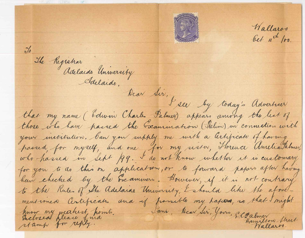 Edwin Charles Palmer - Wallaroo - Requesting certificates for passing Preliminary Examination