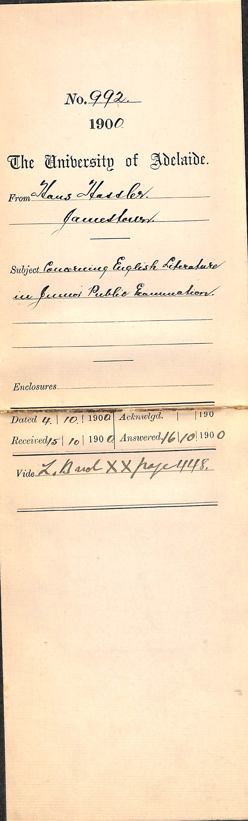 Hans Hassler - Jamestown - Concerning English Literature in Junior Public Examination