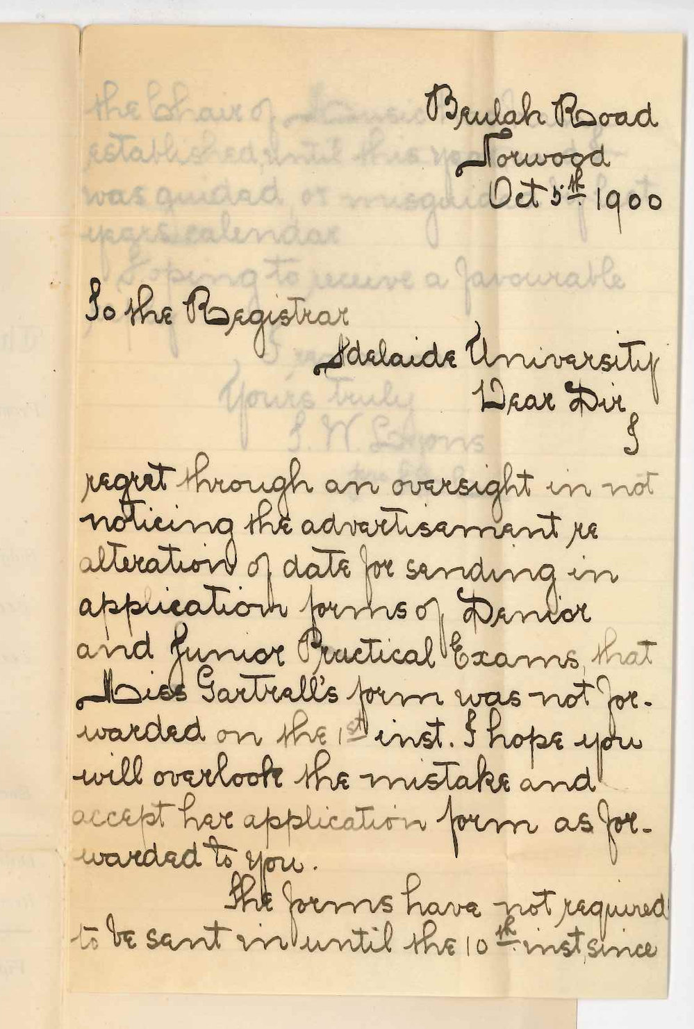 T W Lyons - Norwood - Concerning Miss Gartrells entry for Junior Public Examination in Practice of Music