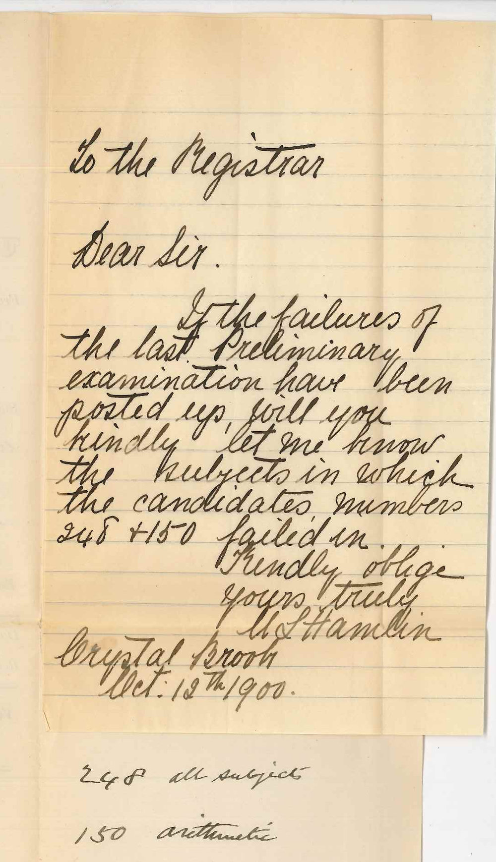 Miss Mabel L Hamlin - Crystal Brook - Failure of candidates in Preliminary Examination