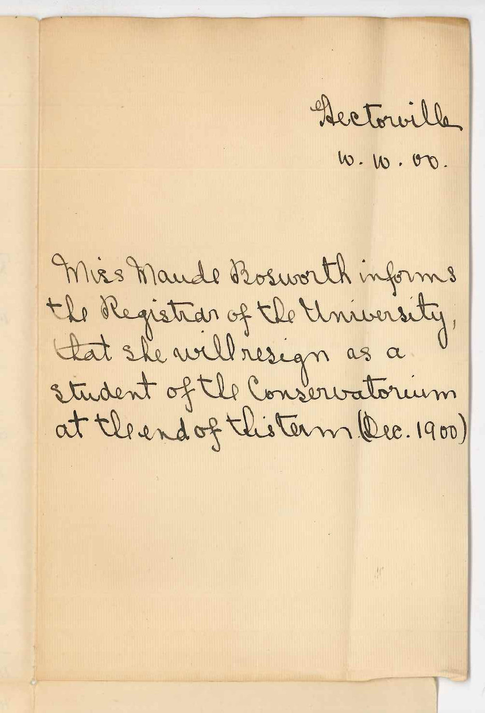 Miss Maude Bosworth - Hectorville - Discontinuing lessons at the Conservatorium