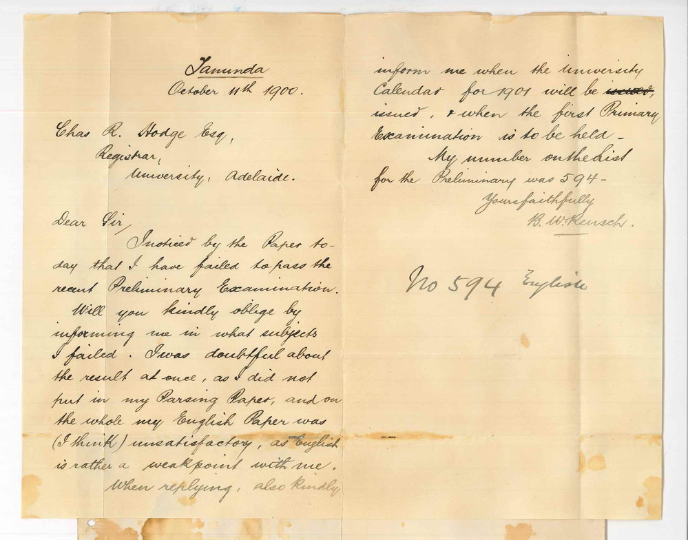 B W Reusch - Tanunda - Failure in Preliminary Examination