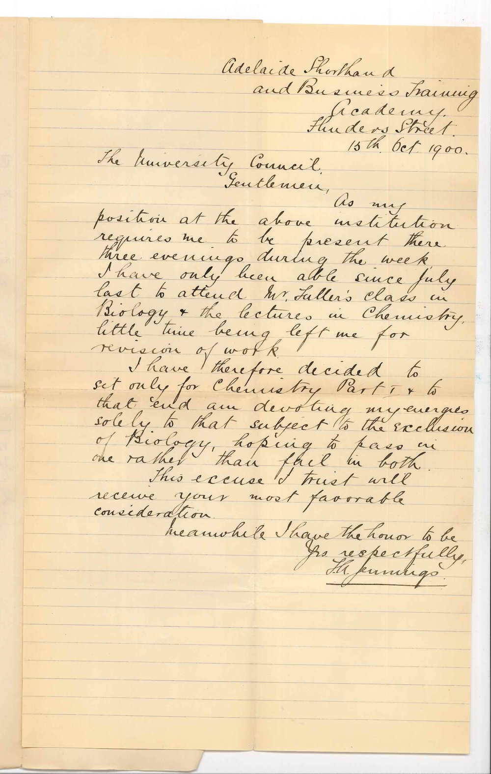 F A Jennings - Adelaide - Unable to sit for Examination in Biology