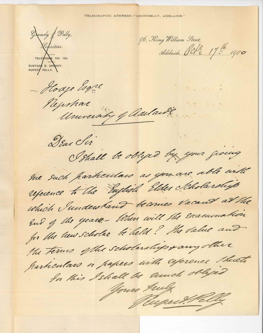 Rupert Pelly - Adelaide - Requesting particulars of Elder Scholarship
