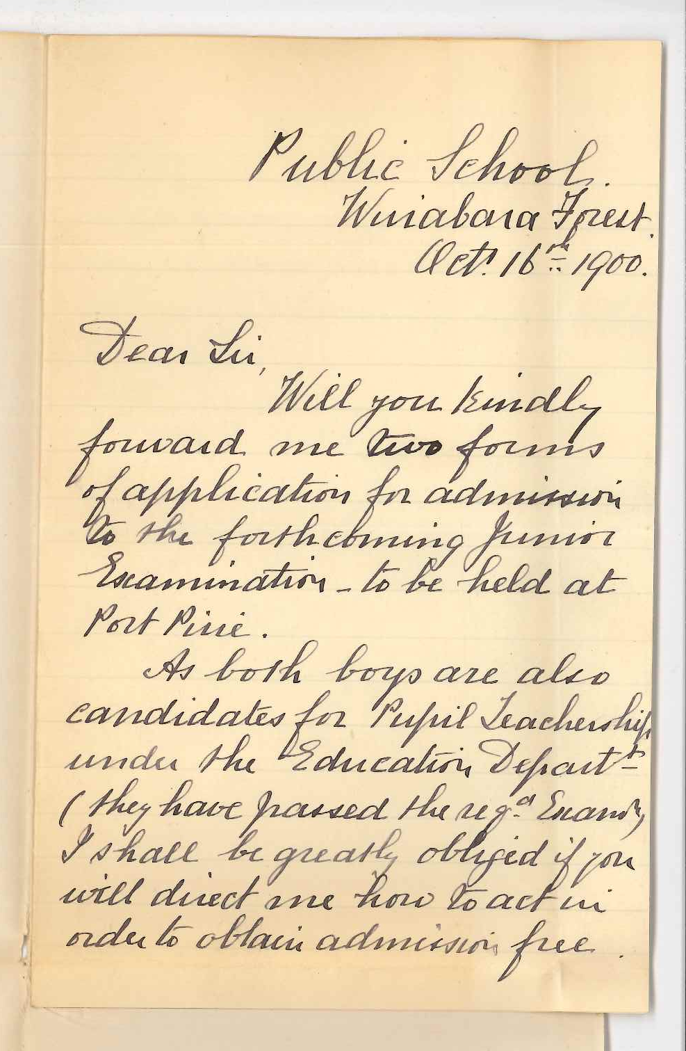 Thomas S Oborn - Wirrabara Forest - Concerning remission of fees for Junior Public Examination and Regulations BA Degree