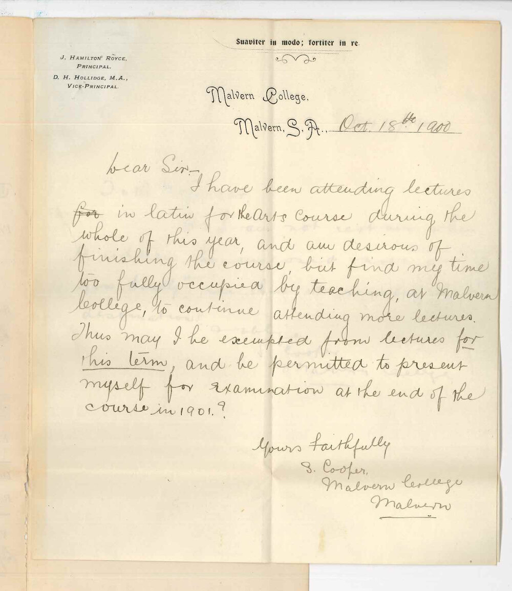 S Cooper - Malvern - Exemption attendance at lectures