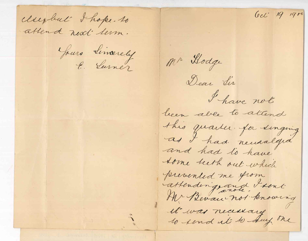 Miss E Turner - Goodwood - Unable to attend Conservatorium owing to illness